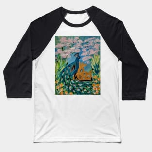 A peacock sitting on a gate in n a garden with flowers and cherry blossoms around it . Baseball T-Shirt